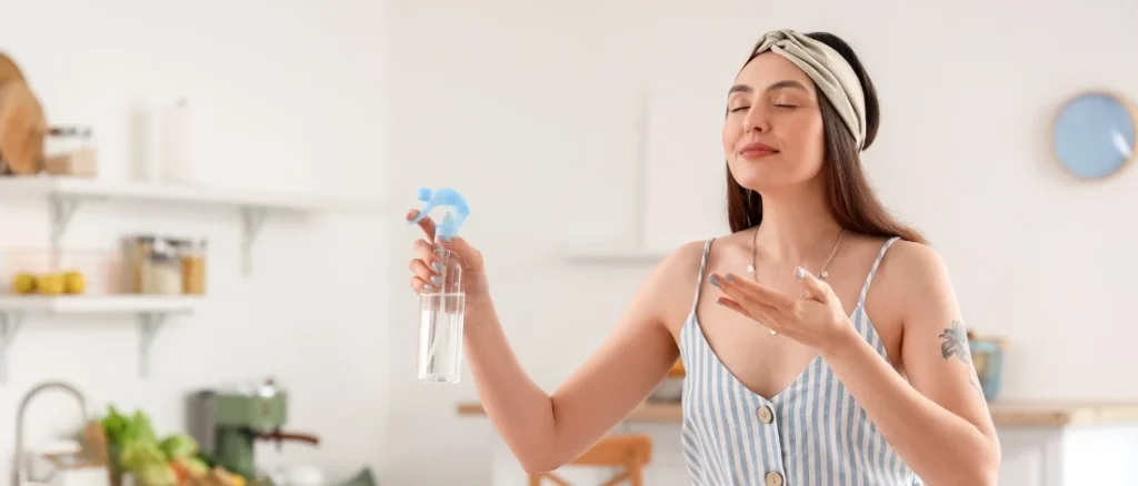 A woman smelling the scent of the cleaning liquid.