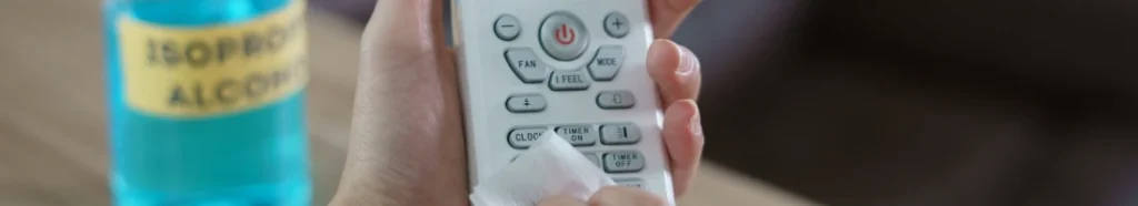 A person cleaning the remote using alcohol