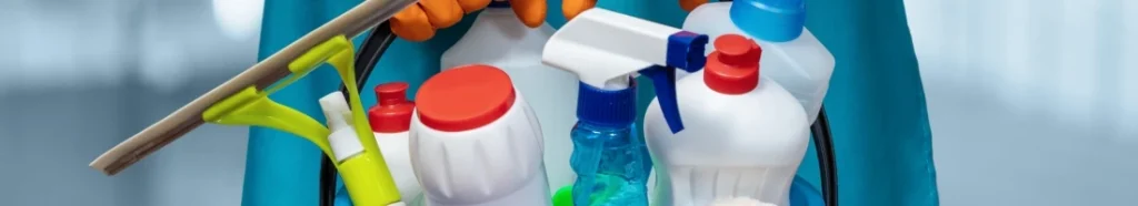 The person carrying a bucket with cleaning tools