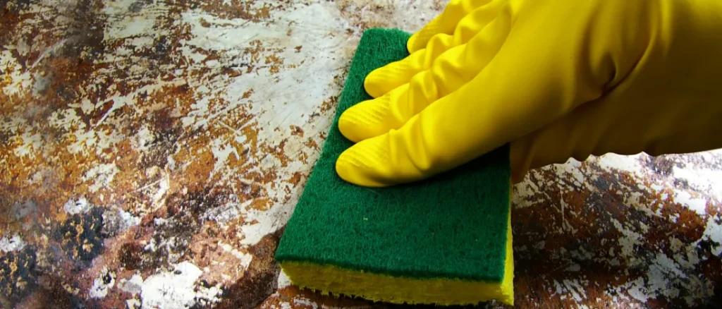 A person scrubbing a burnt pan.
